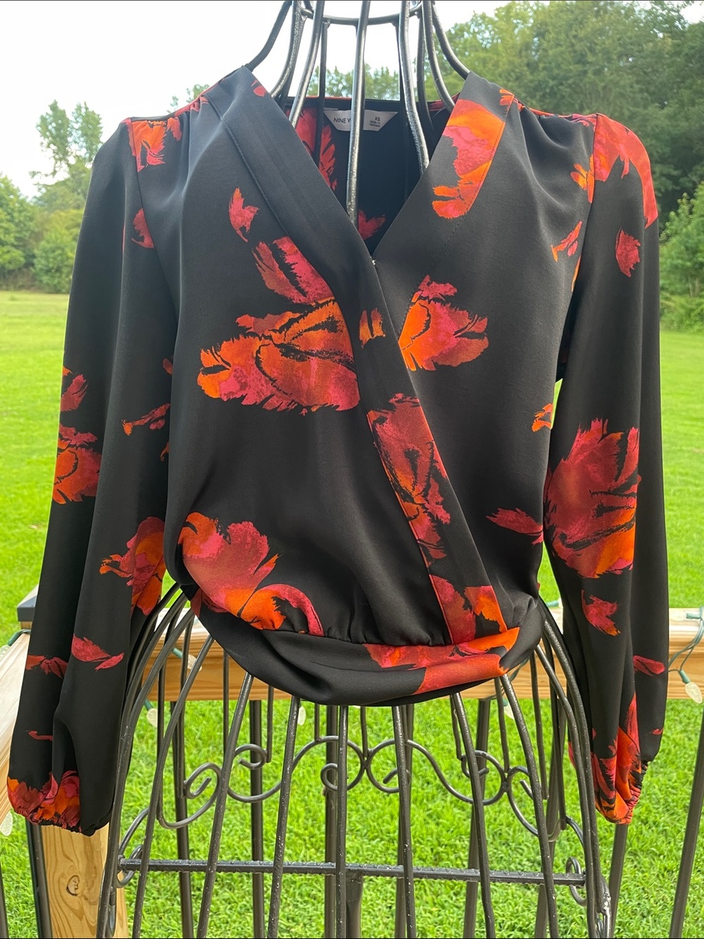 Nine West Black Wrap Blouse with Red and Orange Floral Print